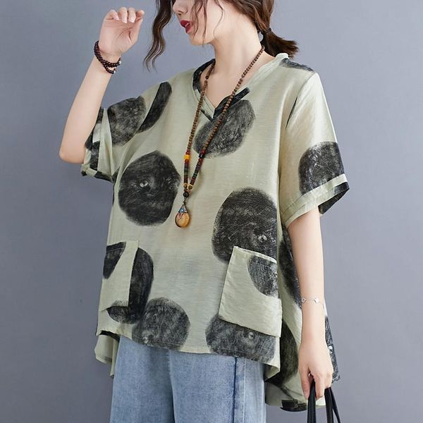 

women's t-shirt big size loose tee shirt polka dot pattern women summer double pockets casual irreuglar v neck linen clothes, White