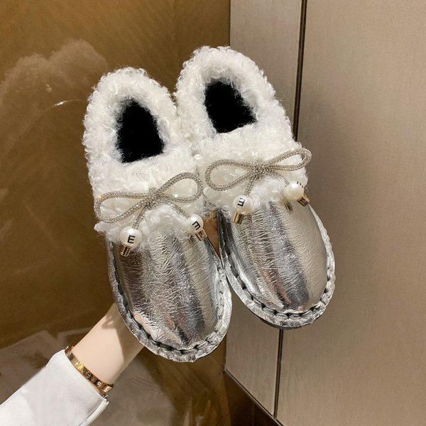 

boots rimocy winter warm plush ankle women shiny crystal bow waterproof snow woman comfortable low heel pu leather botas, Black