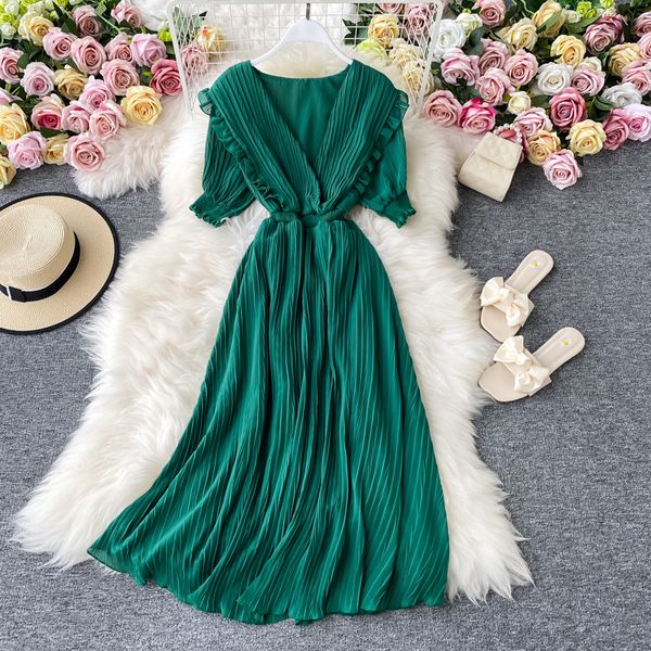 

vintage brown/green/red pleated v-neck short sleeve draped vestidos female 2021 summer fashion robe korean ocd7, Black;gray