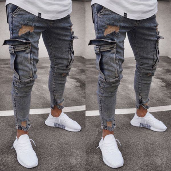 

color gray blue fashion men ripped ny gerafeld slim fit long denim broek gat biker jeans