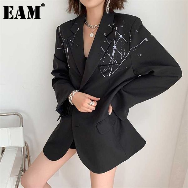 

[eam] women black pattern printed big size blazer lapel long sleeve loose fit jacket fashion spring autumn 1z407 211006, White;black