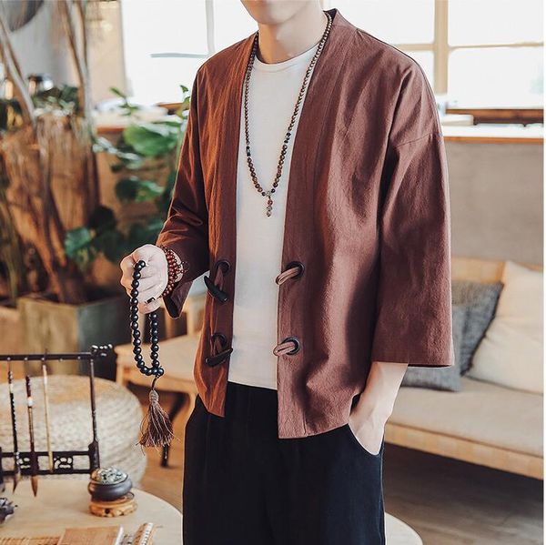 

men 100% cotton loose jackets three quarter spring summer big size m-5xl chinese style cardigan male black navy coffee, Black;brown