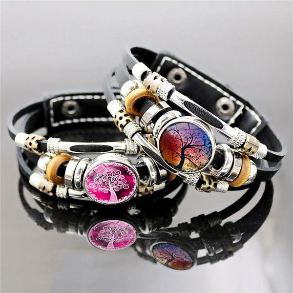 

beaded, strands vintage multilayer beaded black leather bracelet tree of life art picture glass dome snap button bracelets for men women jew