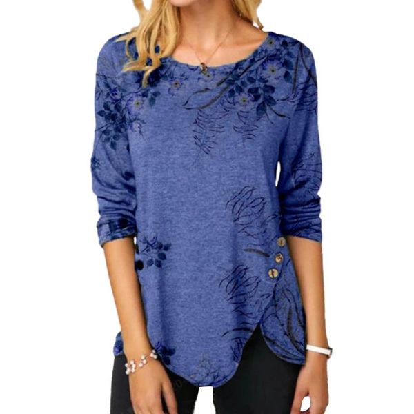 

women's blouses & shirts blouse women autumn long sleeve tunic floral print irregular buttons hem clothes blusas mujer de moda 2021, White