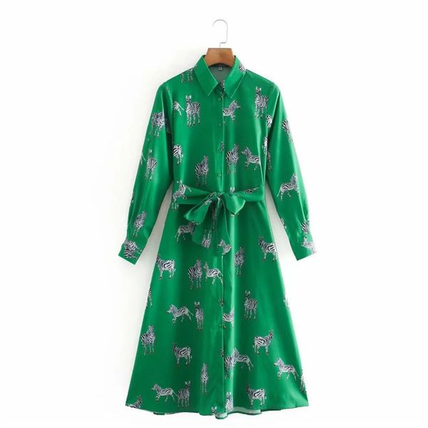 

new woman 2021 animal printed shirt summer vintage long sleeves turn up collar midi dress fashion tied belt button dresses rspo zlo9, Black;gray