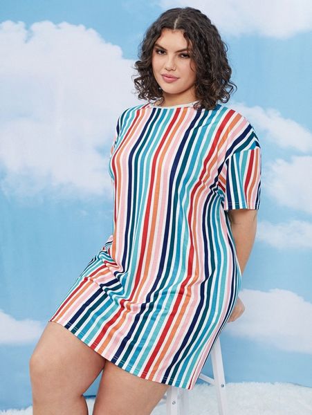 

plus rainbow stripe drop shoulder tee dress i1uu#, Black