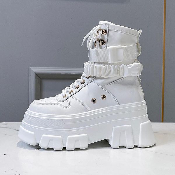 

boots 2021 high chunky women leather autumn winter motorcycle booties platform thick sole sneakers shoes 7cm, Black
