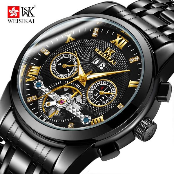 

wristwatches luxury men's mechanical watch brand automatic watches for men tourbillon calendar week luminous waterproof wristwatch cloc, Slivery;brown