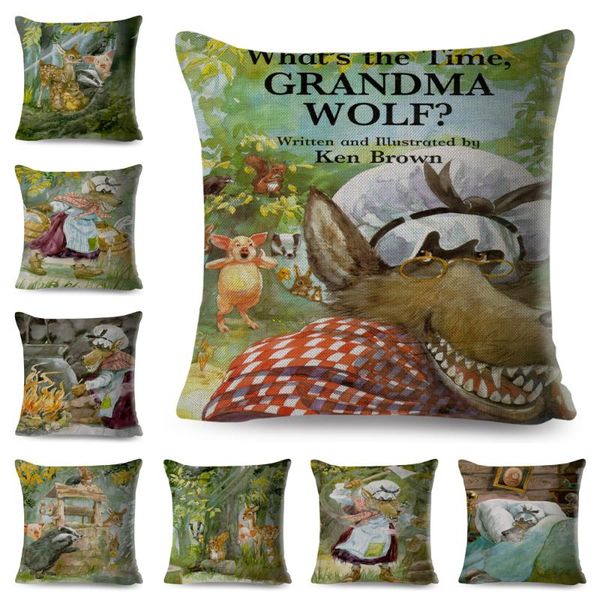 

cushion/decorative pillow fairy tale cushion cover decor cartoon grandma wolf story case for children room sofa home polyester pillowcase 45