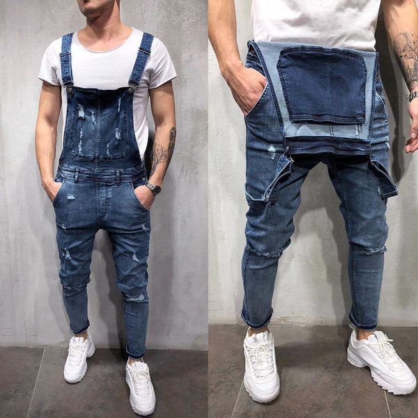 

fashion broeken everywhere casual jumpsuit wash broken pocket jarretel men jeans broek new, Blue