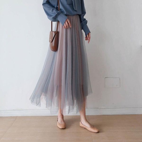 

skirts gradient color vintage irregular hem summer mesh fairy, Black