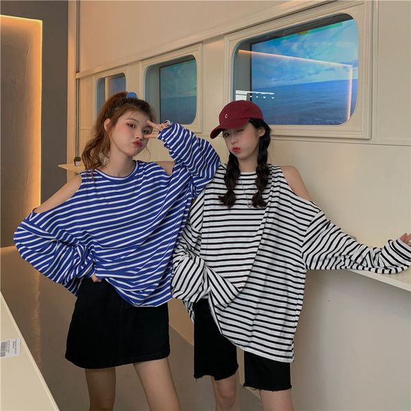 

2021 new loose casual striped hollow strapless round neck pullover simple and fashionable t-shirt 03vo, White
