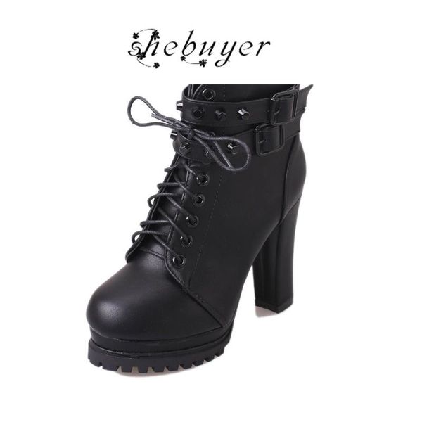 

boots high heels women metal buckle rivet black platform pointed toe side zipper lace-up stylish all-match pu female