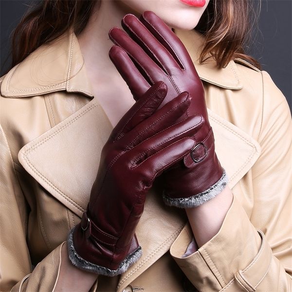 

women's leather gloves winter new warm thickened cashmere sheepskin gloves outdoor driving riding leather, Black