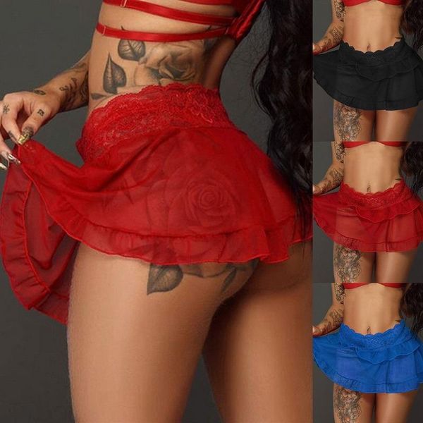 

women's panties tennis high waist plain solid color ice silk lotus leaf pendulum transparent nightclub party mini skirt s-5xl, Black;pink