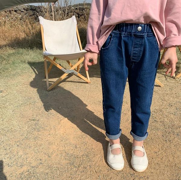 

jeans 2-8 y baby girls 2021 spring korean solid straight denim pants for kids casual loose elasticity trousers, Blue