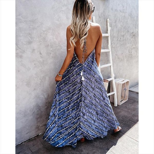

v neck beach womens dresses backless long casual loose striped bohemian summer sundress robe clothing, Black;gray