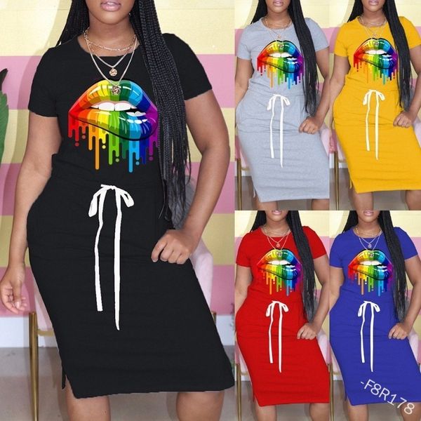 

2021 summer fashion digital print colorful lips bandage short sleeve cotton dress large women's wear, Gray;blue