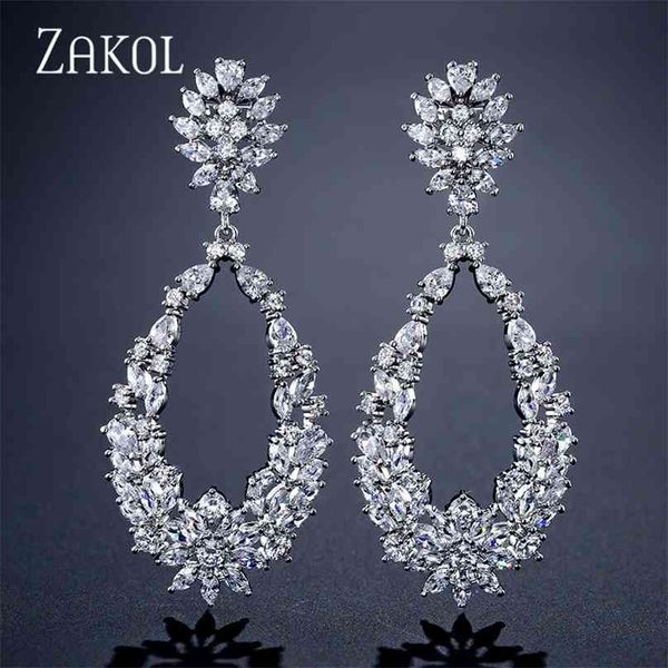 

zakol luxury waterdrop full mirco paved cubic zircon dangle drop earrings for women fashion wedding jewelry fsep2123 210625, Silver