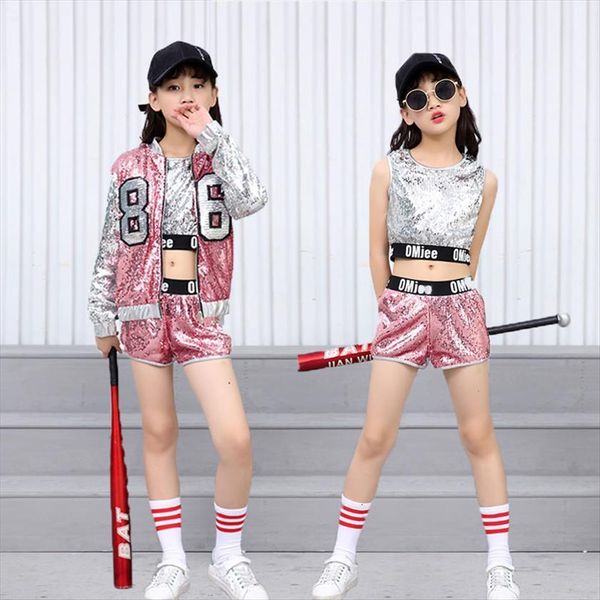 

girl sequin hip hop street dance short kids 3 pcs sets child cool jazz jacket tank teenage costume clothes, White