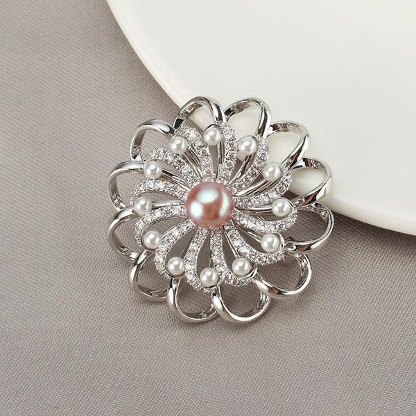 

pins, brooches luxury crystal flower brooch rhinestone pin women natural round pearl pins jewelry for female wedding scarf accessories, Gray