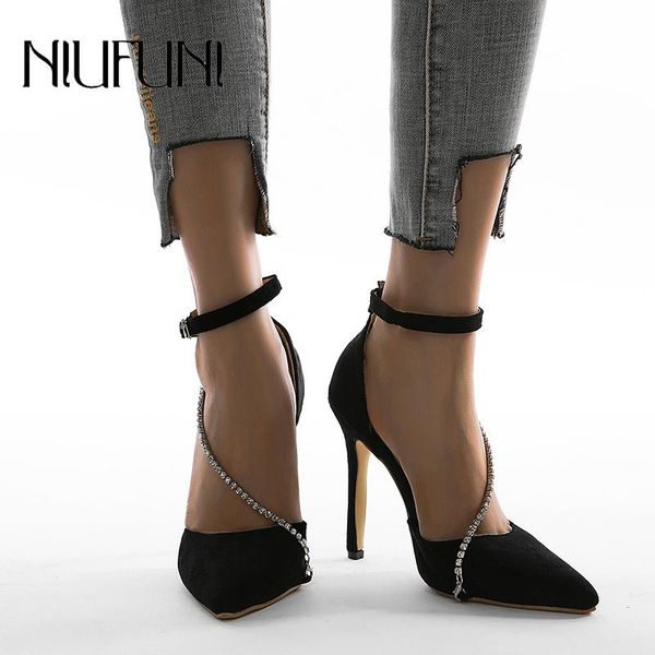 

sandals niufuni 2021 rhinestone chain shining super high-heeled women's with belt buckle shoes fashion pointed, Black