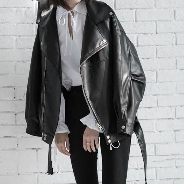 

women's jackets 2021 spring black pu leather loose turn-down collar zipper fashion wild jacket la938, Black;brown