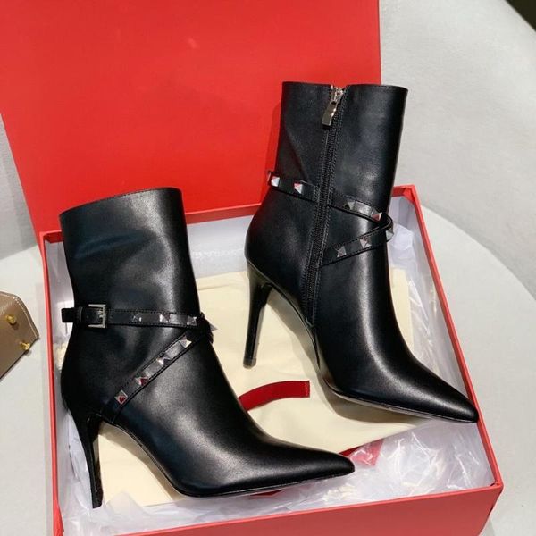 

boots genuine leather mid-calf woman pointed toes stiletto heels rivet decora sapato feminino, Black