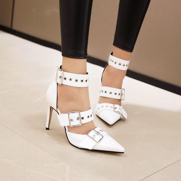 

dress shoes microfiber pumps women pointed toe belt buckle stiletto high heels fashion sandalias mujer 2021 party ladies, Black