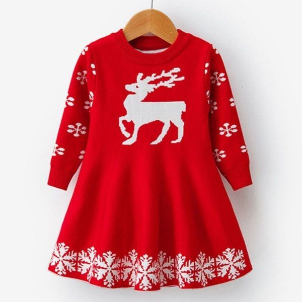 

christmas long sleeve elk snowflake print new year suit princess dress children's girls' party, Red;yellow