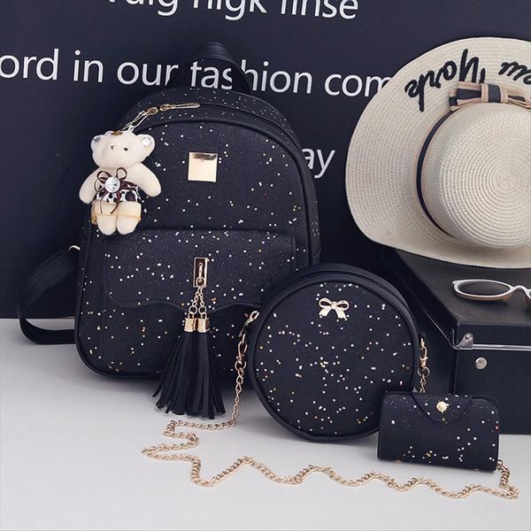

women pu leather backpacks fashion 3 pieces set school bags for teenager girls casual female travel laptop