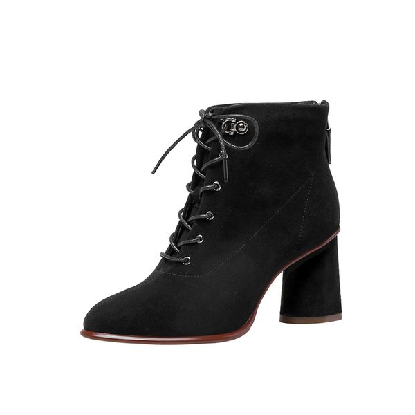 

2021 New Winter Ladies Pointed Thick with Wild Black Ankle Boots Female Kid Suede Side with Fashion Lace Short Boots Mujer Shoes
