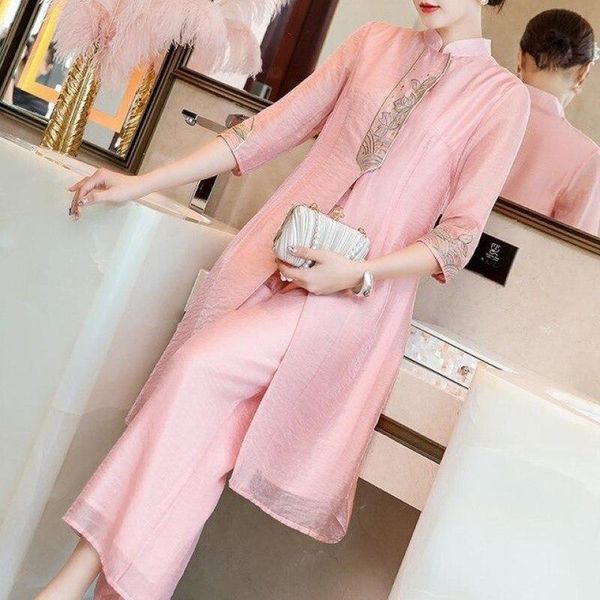 

ethnic clothing retro chinese style cheongsam suit vintage embroidery qipao shirt and wide leg pants elegant oriental lady set, Red