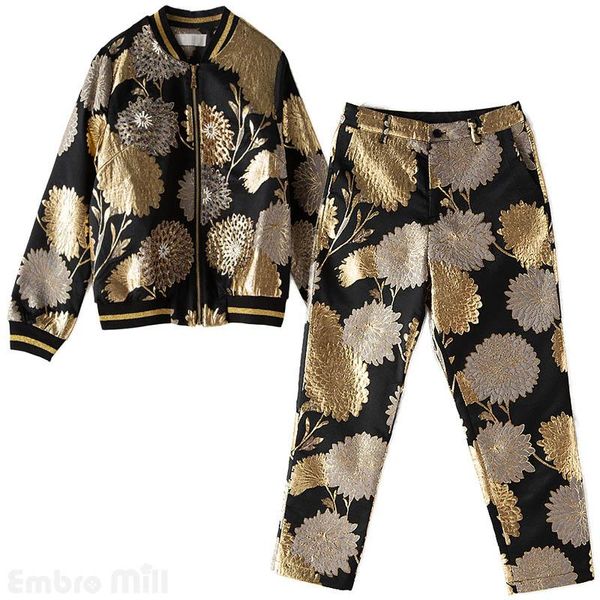 

women's two piece pants high-end autumn women floral 2 pieces set rayon vintage slim beading coat +jacquard lady suit female -xxl, White