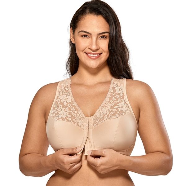 Fecho Frente Feminino Sem Fio Full Full Racerback Lace Plus Size Bra 210728