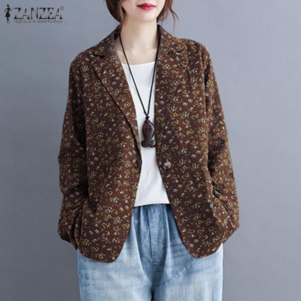 

women's jackets plus size zanzea floral print 2021 spring cotton loose outwears casual ladies long sleeve suit coats 5xl, Black;brown