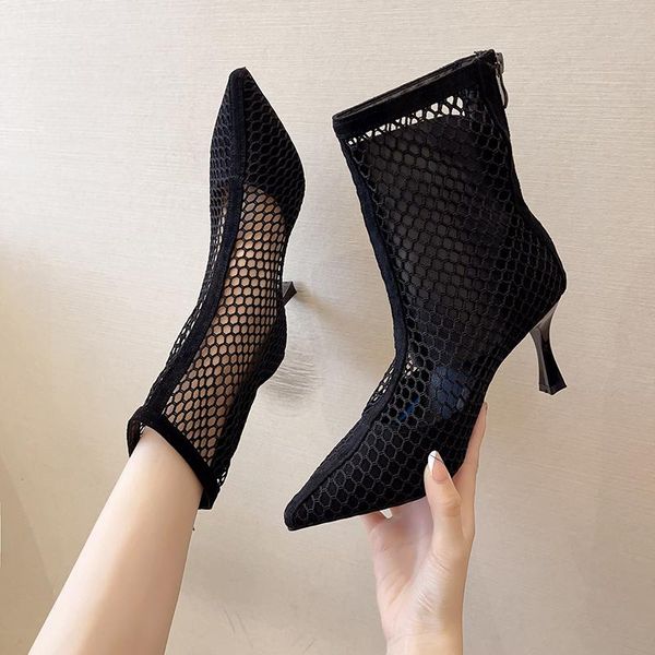 

boots shoes women 2021 zipper luxury designer summer ladies high heel sandals pointy fashion rubber ankle pu pointed toe fab, Black