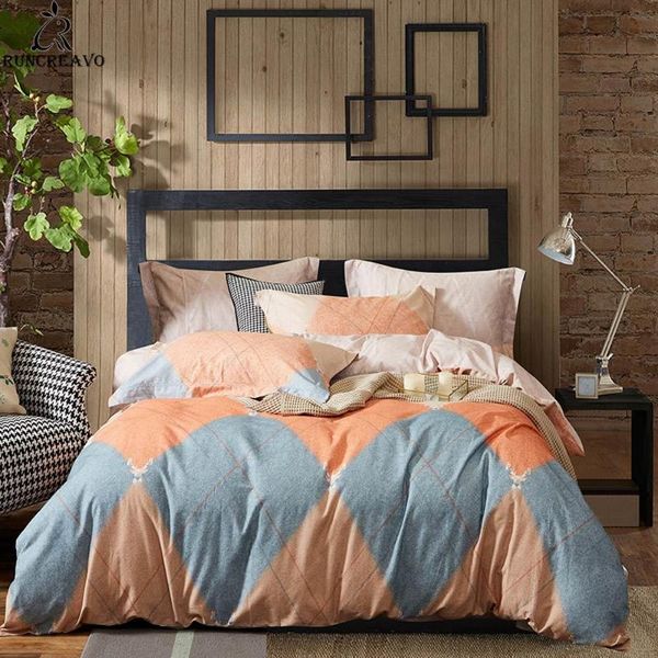 Set di biancheria da letto Plaid grigio arancione Set di cotone levigato spazzolato Lenzuola spesse stampate Lenzuolo con angoli Federa Copripiumino