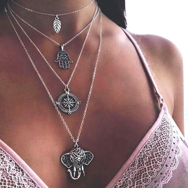 

chains multi-layer body chain for female with fresh wild zinc alloy elephant palm leaf necklace bohemian jewelry wholesale, Silver