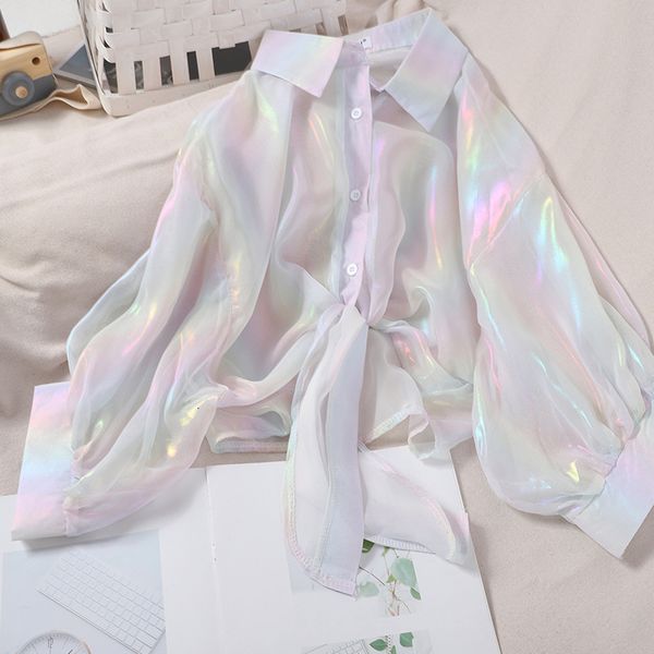 

2021 new chiffon blouse spring long sleeve elegant sparkles casual transparent button up shirts for women f8yx, White