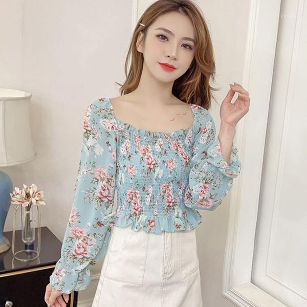 

women's blouses & shirts woman summer chiffon shirt fashion square collar sweet long sleeve floral print short blouse, White
