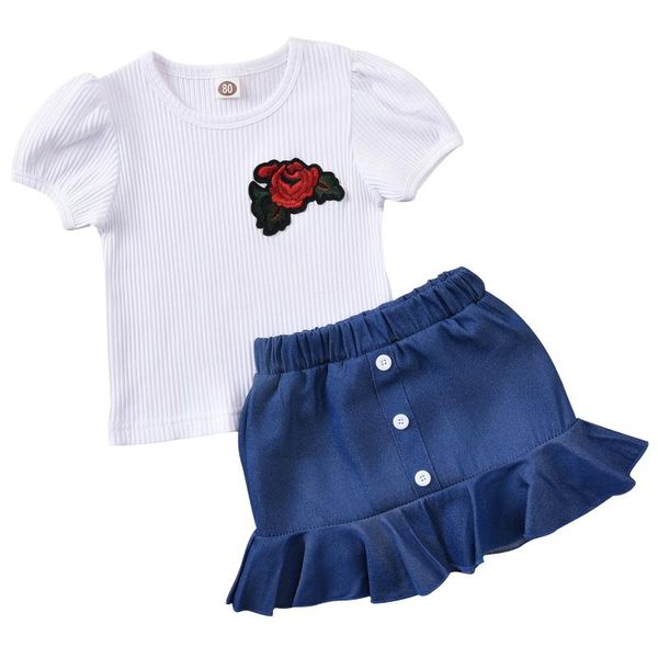 

1-6y summer kids girls clothing sets ribbed knitted embroidery flower t-shirts +ruffles mini skirts children holiday outfits, White