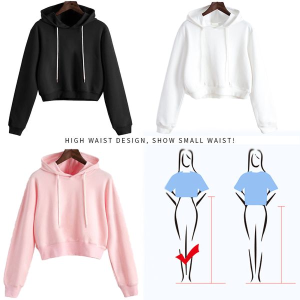 

women high waist hoodies crop solid color long sleeve ladies harajuku hooded pullover spring autumn sweatshirts clothing top, Black