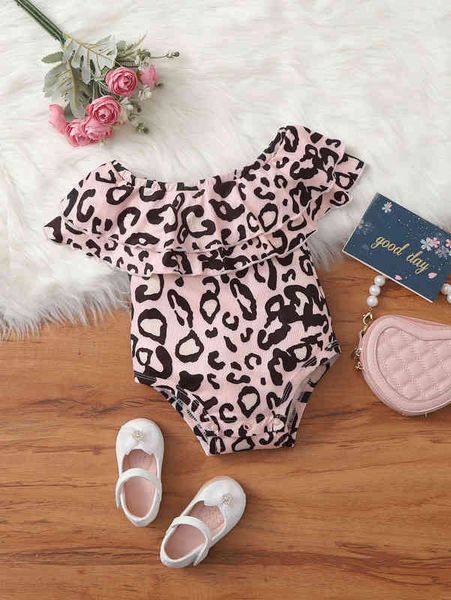 

baby ribbed knit leopard print ruffle trim bodysuit she, Blue