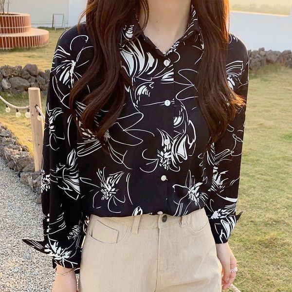 

2021 autumn women vintage floral print chiffon blouse turn-down collar office lady elegance oversize shirt long sleeve chic, White