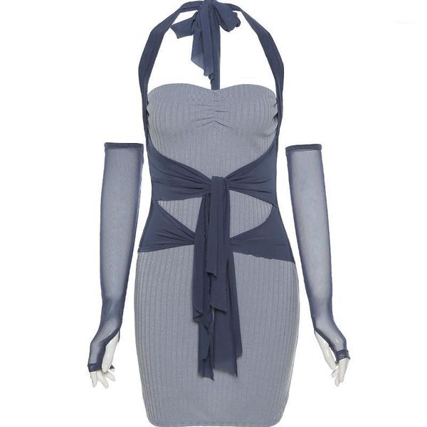 

european and american personality hanging neck stitching chest wrap slim short sleeved dress female summer casual dresses, Black;gray