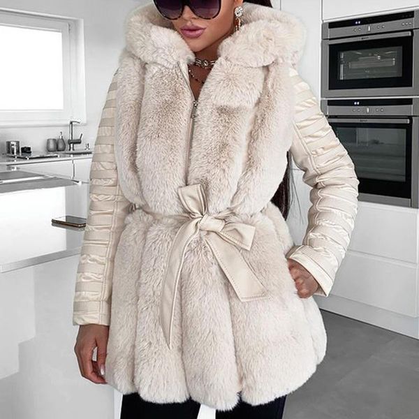 

fashion turn down collar faux fur coats women elegant casual tie belt jackets women hooded long sleeve coats ladies, Black
