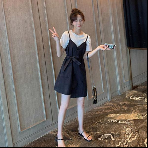 

two piece set women white dress spagetti strap suit summer short sleeve tshirt button bow belt dresses outfits, Gray