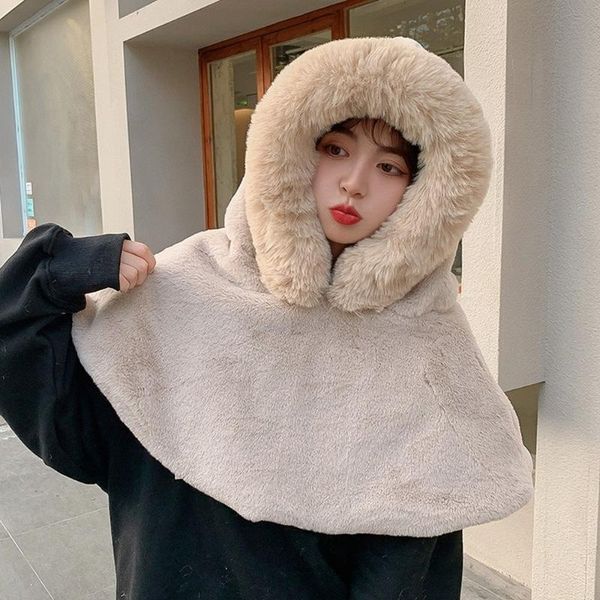 

beanies thermal warm plush hat shawl one female cloak winter thicken plus velvet hooded cape fuzzy balaclava capelet