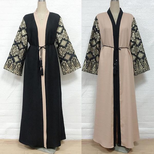 

casual dresses african clothing printing for women split v-neck dress long sleeve maxi muslim robe lady, Black;gray